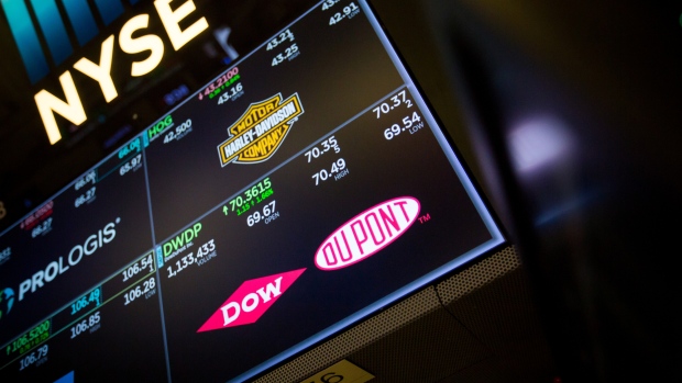 A monitor displays DowDuPont Inc. signage on the floor of the New York Stock Exchange (NYSE) in New York, U.S. 