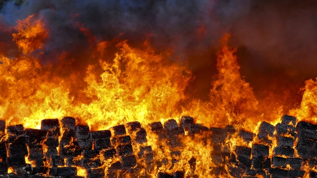 Bundles of seized marijuana are incinerated at a military base in Tijuana. Photographer: David Maung/Bloomberg