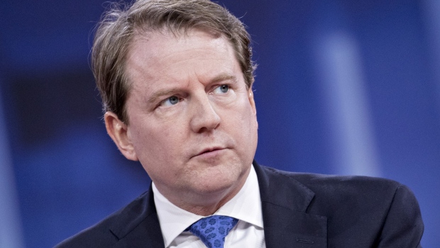 FILE: Don McGahn, White House counsel, speaks during a discussion at the Conservative Political Action Conference (CPAC) in National Harbor, Maryland, U.S., on Thursday, Feb. 22, 2018. U.S. Attorney General Jeff Sessions has resigned at the request of President Donald Trump following months of public criticism from the president, in the latest shakeup of the administration. Trump’s cabinet and cabinet-level positions have seen far more resignations and dismissals than other recent administrations. Our gallery pulls together Trump's top White House aides that have departed or announced their departure, Bannon, Bossert, Cohn, Flynn, Hicks, Manigault, Mcfarland, McGahn, McMaster, Powell, Priebus, Scaramucci, Short, Spicer and Sessions. Photographer: Andrew Harrer/Bloomberg 