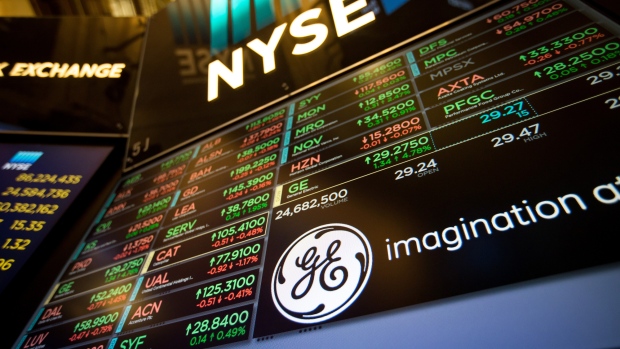 General Electric Co. signage is displayed on a monitor on the floor of the New York Stock Exchange (NYSE) in New York, U.S., on Monday, June 12, 2017. 
