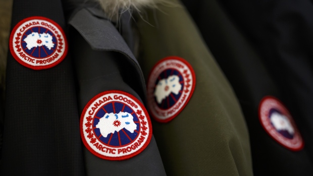 Logo patches are seen on winter jackets inside the Canada Goose Holdings Inc. production facility in Toronto. 