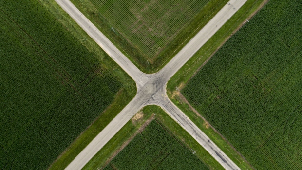 Soybean, top, and corn plants grow in fields bordering a rural intersection in this aerial photograph taken above Ohio, Illinois, U.S., on Tuesday, June 19, 2018. A rout in commodities deepened as the threat of a trade war between the world's two biggest economies intensified, hitting markets from steel to soybeans. Soybean futures were among the biggest losers, falling as much as 7.2 percent to the lowest in more than two years. Corn slipped to the lowest since January, while wheat and cotton also dropped. 