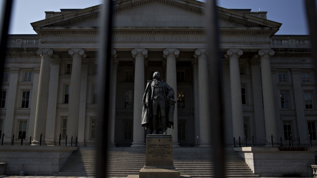 A statue of Albert Gallatin, former U.S. Treasury secretary, stands outside the U.S. Treasury building in Washington, D.C. 
