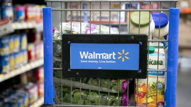 Grocery items sit inside a cart at a Wal-Mart store in Alexandria, Virginia, U.S. 