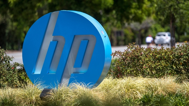 HP Inc. signage stands on display outside the company's headquarters in Palo Alto, California, U.S., on Monday, May 28, 2018. HP Inc. is releasing earnings figures on May 29. 