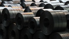 Rolls of steel are stacked at the plant. 