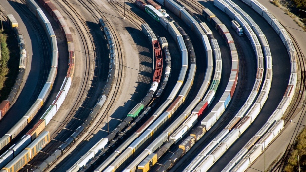 Freight trains and oil tankers sit in a rail yard in this aerial photograph taken above Toronto, Ontario, Canada, on Monday, Oct. 2, 2017. 