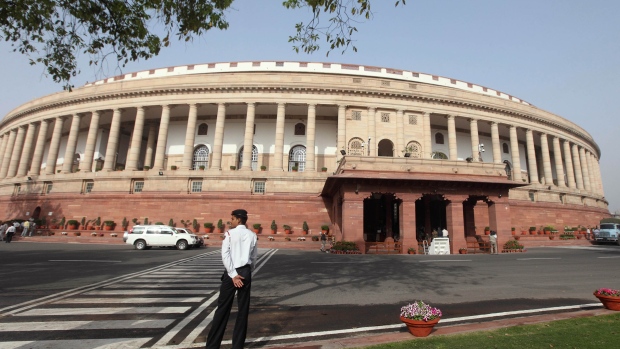 The Indian Parliament building stands in New Delhi, India. 