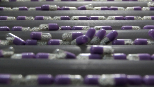 Capsules are laid out for inspection on the production line. 