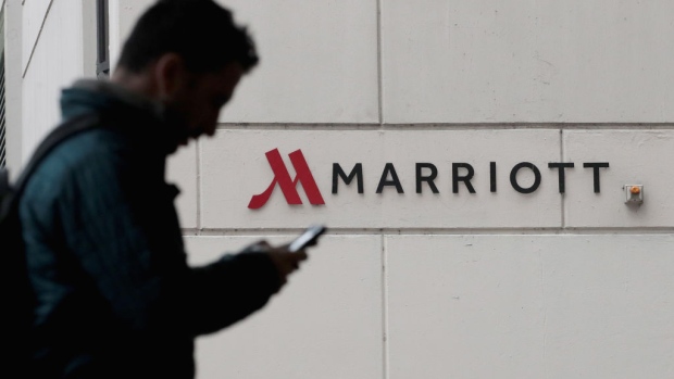 CHICAGO, IL - NOVEMBER 30: A sign marks the location of a Marriott hotel on November 30, 2018 in Chicago, Illinois. Marriott says their Starwood guest reservation database was hacked, compromising the security of private information for up to 500 million hotel customers. (Photo by Scott Olson/Getty Images)