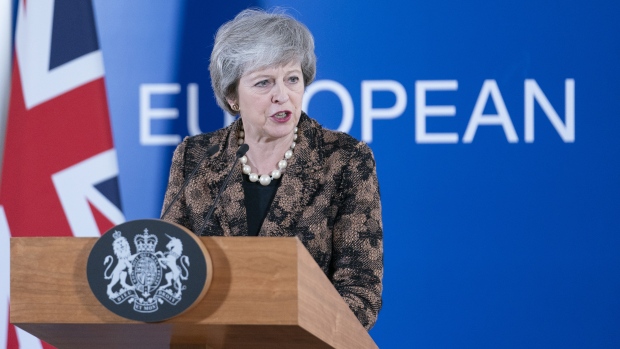 Theresa May, U.K. prime minister, speaks during a news conference at a European Union (EU) leaders