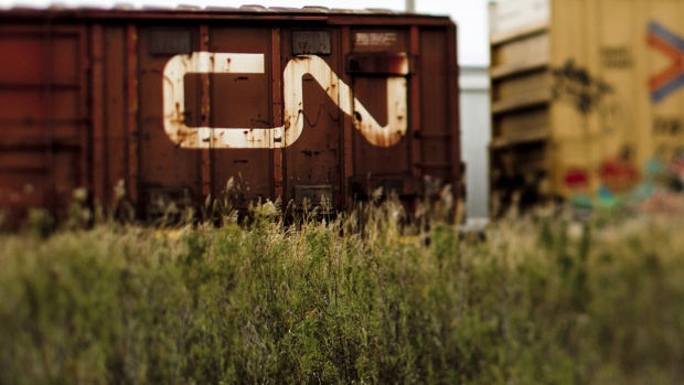 Canadian National Railway Co. (CN) freight cars sit in this photo taken with a tilt-shift lens at the Macmillan Yard in Toronto, Ontario, Canada.