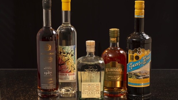 From left: Black Cow vodka, Neversink whiskey, Empirical Spirits Helena, Montreu Chardonnay single-grape brandy, Greenhook Gin & Tonic. Photographer: Evan Ortiz/Bloomberg