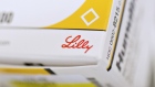 An Eli Lilly & Co. logo is seen on a box of Humulin brand insulin medication