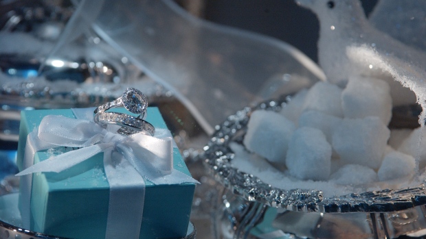 A set of diamond rings sits on display in a window of Tiffany & Co. store in New York. 