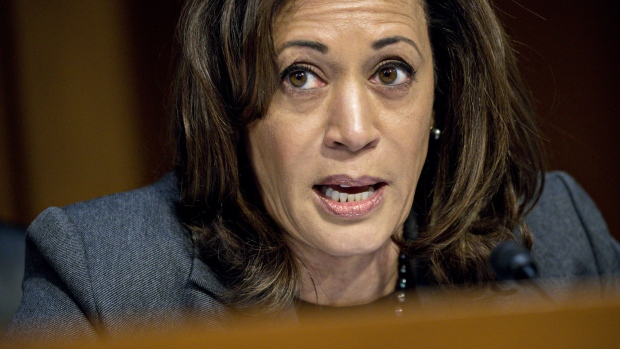 Senator Kamala Harris, a Democrat from California, questions witnesses during a Senate Intelligence Committee hearing on social media influence in the 2016 U.S. elections in Washington, D.C., U.S., on Wednesday, Nov. 1, 2017. The top Democrat on the Senate Intelligence Committee berated lawyers for social media giants Facebook, Twitter and Google for a lethargic response to Russian interference in U.S. politics, as the companies' lawyers faced a second day of grilling in Congress. 