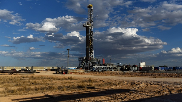An oil drilling rig stands in Reeves County, Texas. 