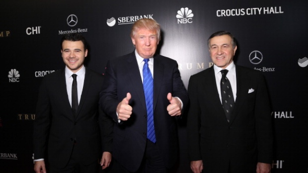 MOSCOW, RUSSIA - NOVEMBER 09: Emin Agalarov, Donald Trump and Aras Agalarov attend the red carpet at Miss Universe Pageant Competition 2013 on November 9, 2013 in Moscow, Russia. (Photo by Victor Boyko/Getty Images) 