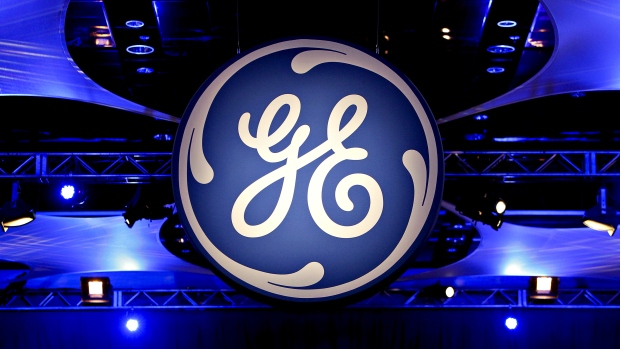 The logo of the General Electric Co. is displayed at the company’s 2010 annual meeting in Houston, Texas, U.S. 