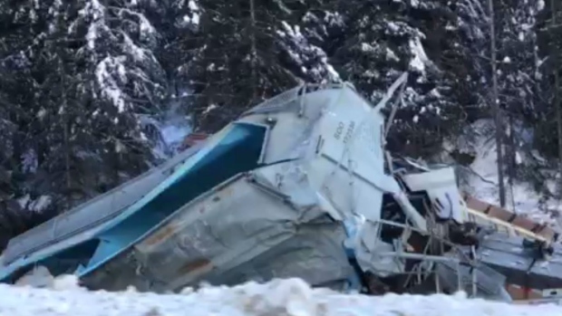 The wreckage of a CP Rail freight train near Field, B.C. on Monday, Feb. 4, 2019.