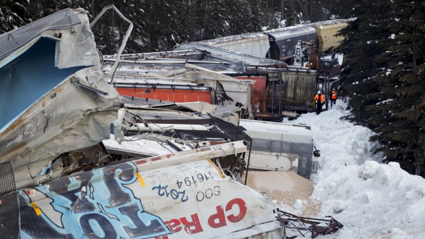 A train derailment is shown near Field, B.C., Monday, Feb. 4, 2019.