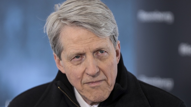Robert Shiller, professor of economics at Yale University, pauses during a Bloomberg Television interview on the closing day of the World Economic Forum (WEF) in Davos, Switzerland.