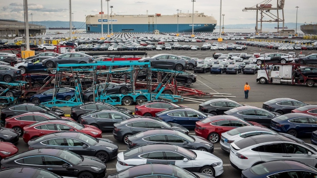 Tesla Inc. vehicles to be shipped sit in a parking lot at the Port Of San Francisco in San Francisco, California, U.S., on Thursday, Feb. 7, 2019. Photographer: David Paul Morris/Bloomberg