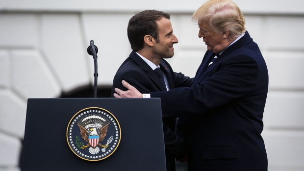 Emmanuel Macron greets Donald Trump during a state visit in Washington, D.C. in April 2018. Photographer: Al Drago/Bloomberg