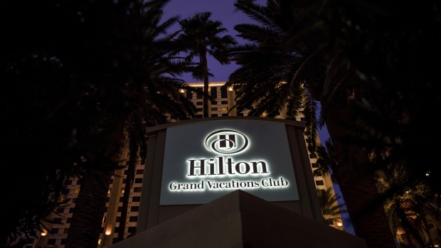 A Hilton Worldwide Holdings Inc. Grand Vacations Club hotel stands at night in Las Vegas, Nevada, U.S., on Wednesday, Feb. 24, 2016. 