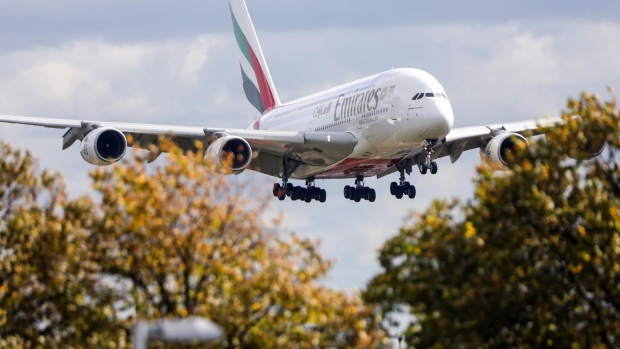 An Airbus SE A380 passenger aircraft, operated by Emirates Airline, prepares to land at London Heathrow Airport, in London, U.K., on Friday, Sept. 21, 2018. 
