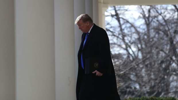 U.S. President Donald Trump arrives to speak in the Rose Garden at the White House in Washington, D.C. on Feb. 15, 2019. 