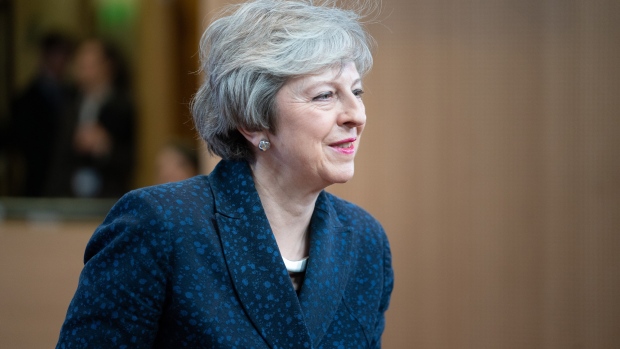 Theresa May, U.K. prime minister, speaks to journalists following her meeting with Donald Tusk, president of the European Union (EU), in Brussels, Belgium, on Thursday, Feb. 7, 2019. May went to Brussels for Brexit talks, and the two sides agreed to send their teams back into the negotiating room for the first time since last year. Photographer: Jasper Juinen/Bloomberg