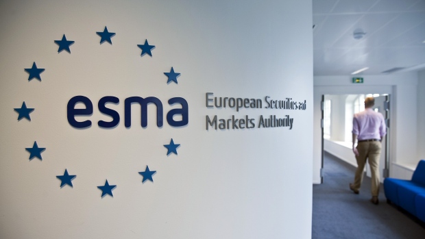 A visitor passes a sign in the lobby of the European Securities and Markets Authority's (ESMA) headquarters in Paris, France.