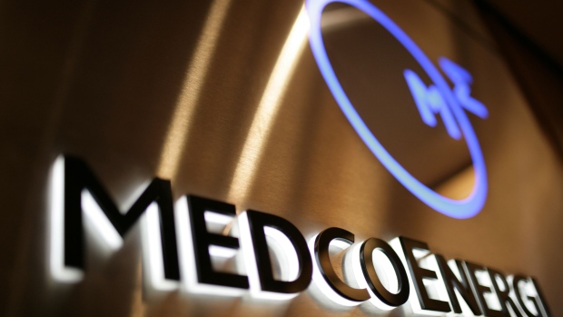 The logo for PT Medco Energi Internasional is displayed at the company's headquarters in Jakarta, Indonesia. 