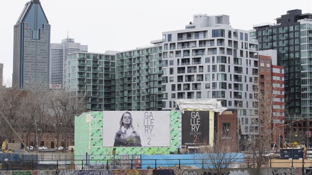 A condominium building sits under construction in the Griffintown neighborhood of Montreal, Quebec.