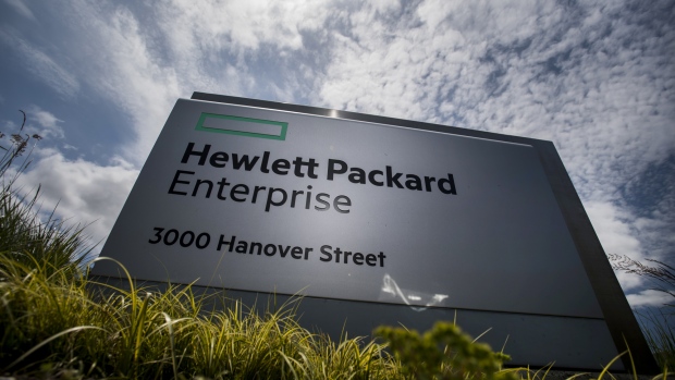 Hewlett-Packard Enterprise Inc. signage stands at the entrance of the company's headquarters in Palo Alto, California, U.S., on Monday, May 22, 2016. 