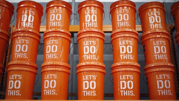 Branded buckets are displayed for sale inside a Home Depot Inc. store in Louisville, Kentucky, U.S., on Monday, Feb. 25, 2019. Home Depot is scheduled to release earnings figures on Feb. 26. 