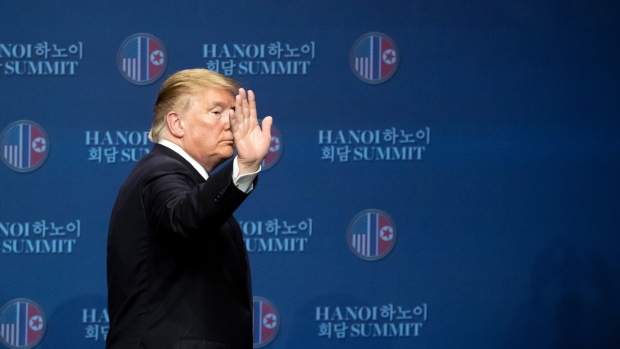 U.S. President Donald Trump, waves as he departs the stage during a news conference following the DPRK-USA Hanoi Summit in Hanoi, on Thursday, Feb. 28, 2019. Trump’s second summit with North Korean leader Kim Jong Un collapsed without an agreement between the two leaders, plunging future talks on North Korea's nuclear program into question. 