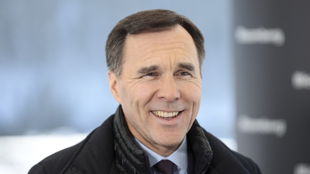 Bill Morneau, Canada's finance minister, speaks during a Bloomberg Television interview on the closing day of the World Economic Forum (WEF) in Davos, Switzerland, on Friday, Jan. 25, 2019.