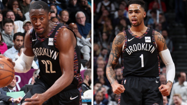 Brooklyn Nets players Caris LeVert and D'Angelo Russell sport the team's 'Brooklyn Camo' jerseys.