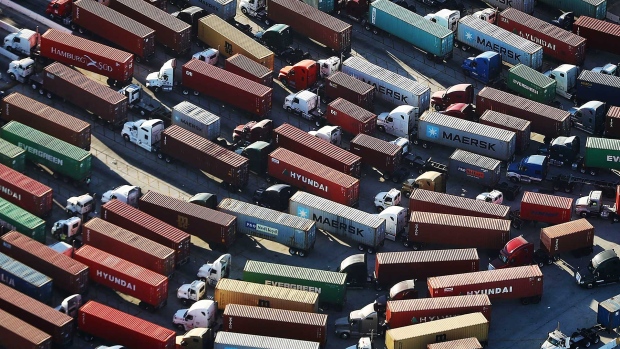 Trucks stand prepared to haul shipping containers at the Port of Los Angeles, the nation's busiest container port, on September 18, 2018 in San Pedro, California. 