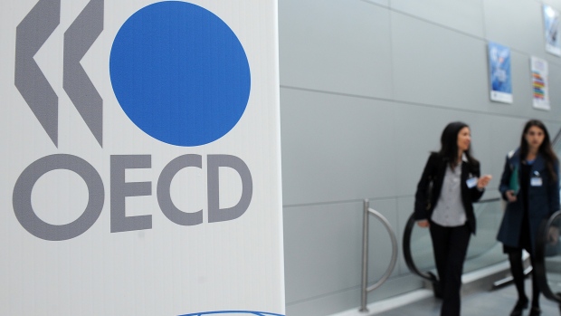The Organisation of Economic Cooperation and Development (OECD) logo is seen at the company's headquarters in Paris, France. 