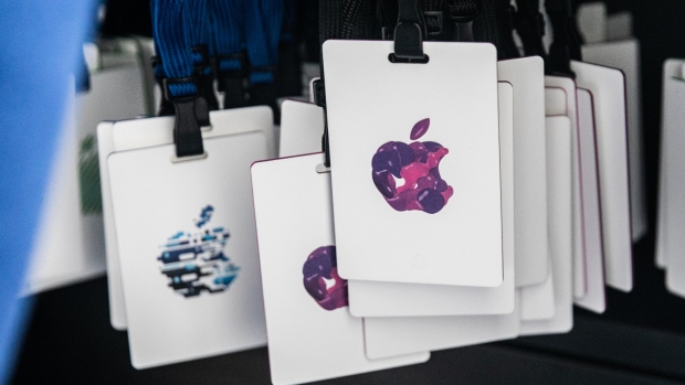 Apple Inc. logos are displayed on badges ahead of an event in the Brooklyn borough of New York, U.S., on Tuesday, Oct. 30, 2018. The iPad Pro update comes at an important time for the device, which hasn't been refreshed since mid-2017. While the tablet market is contracting overall, the iPad has been slowly regaining momentum thanks to new software and lower-priced models, but also because competitors like Amazon.com Inc. and Samsung Electronics Co. haven't wowed the market lately. 