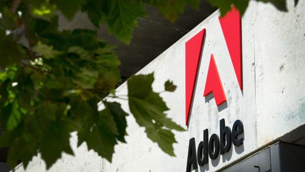 Adobe Systems Inc. signage is displayed outside of the company's office in San Francisco, California, U.S. 