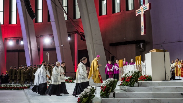 Bishop Wojciech Polak walks to the altar in the begining of the inaugaration holy mass in the Temple of Divine Providence, November 11, 2016 in Warsaw.  