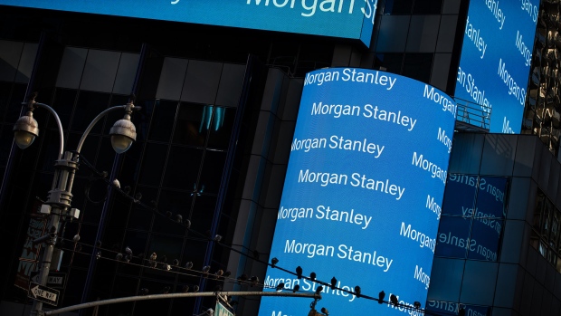 Morgan Stanley digital signage is displayed on the exterior of the company's headquarters in New York. 