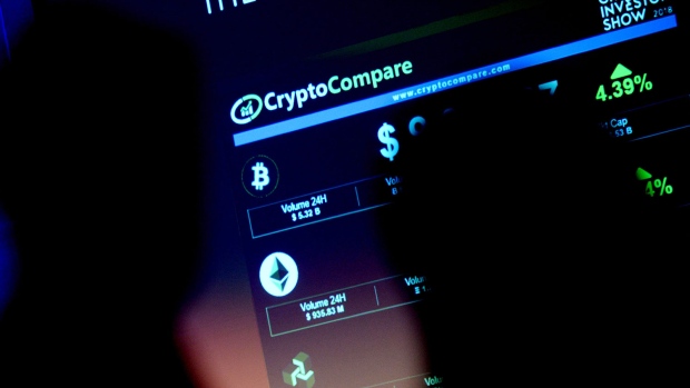 The symbols of Bitcoin and Ethereum cryptocurrencies sit displayed on a screen during the Crypto Investor Show in London, U.K., on Saturday, March 10, 2018. The meeting is the largest crypto and blockchain event for investors in the U.K. 