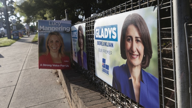 SYDNEY, AUSTRALIA - MARCH 23: Placards line the fence outside Oatley Primary School on March 23, 2019 in Sydney, Australia. The 2019 New South Wales state election is being held to elect the 57th Parliament of New South Wales. (Photo by Brook Mitchell/Getty Images)