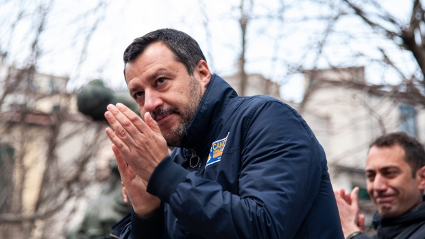 ROME, ITALY - MARCH 21: Matteo Salvini during the rally on March 21, 2019 in Muro Lucano, Italy. The center-right looks compact around the candidacy of the Guardia di Finanza general Vito Bardi in an attempt to secure the regional government of Basilicata after 25 years of the center-left, in the upcoming elections of March 24th. (Photo by Ivan Romano/Getty Images) 