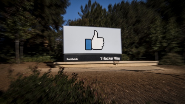 Signage is displayed outside Facebook Inc. headquarters in Menlo Park, California. 
